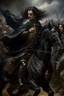 Placeholder: Oil painting of a king Very handsome with black hair poked on his black horse and wearing full black and fur Raset battle and those around him fighting Photorealistic