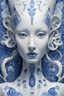 Placeholder: a woman made out of porcelain, in the style of balanced symmetry, white and blue, detailed facial features, organic forms, meticulous portraiture, complex patterns --ar 1:2 --stylize 350 --c 2 --v 6. 0