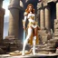 Placeholder: Teela from the Masters of the Universe in her iconic gold and white revealing outfit, she stands in her white boots, she holds her snake wand in the middle of the ruins of the castle