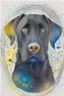 Placeholder: abstract watercolour of a black Labrador dog’s head in the style of Valerie Davide with bifurcated circles