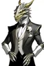 Placeholder: A silver Dragonborn from dnd wearing a tuxedo