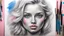 Placeholder: street artist draws a portrait of a blonde woman, charcoal, pencil, pink lips, blue eyes, fine drawing, hand with a brush