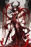 Placeholder: Demon girl wizard in front, fullbody, leaning pose, behind blood guts rising from the ground, illustration by <Yoji Shinkawa>, darkred tones,