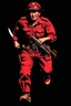 Placeholder: Vietnam soldier(uniform and face based on racist steriotypes) running towards viewer, a knife i one hand, and a gun(barrel pointing at viewer) in the other. retro 1960's poster monochrome with white background