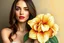 Placeholder: a beautiful lady with A detailed painting of one large, cream-colored flowers in the style of acrylic paint in her hand ,full body shot