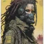 Placeholder: front facing full length portrait illustration of a grunge armored female with beaded dreadlock hair cyberpunk vampire mercenary with gas mask, telecommunications headset, and shemagh, highly detailed with gritty post apocalyptic textures, toxic irradiated landscape, finely detailed facial features and hair, in the graphic novel style of Bill Sienkiewicz, and Jean Giraud Moebius, with elements of collage, mimeograph, and pen and ink, realistic light and shadow