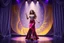 Placeholder: modern stage with gray-dark yellow blueish violet theme artistic decoration , color full dynamic lighting, a beautiful lady in maxi dress with shining silver jewels ,curvy long hair,dancing, 3D recursive fractal structure animating background