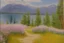 Placeholder: Mountains, lake, flowers, pathway, pine trees, clouds, otto pippel impressionism painting