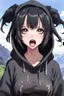 Placeholder: Closeup anime women goth with big eyes, fullbody, ragged clothes, slime, the perspective looking down, rolling eyes, tongue out, open mouth, croppedhoodie, underboob, mountainous horizon, 1girl, bangs, black hair, blind, grey eyes, hair between eyes, hair bun, hairband, short hair, mud drip, cropped hoodie underboob, cropped hoodieunderboobhoodie