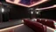 Placeholder: Generate an image of a sleek home cinema with projectors and surround sound systems with a star-lined ceiling similar to a Rolls Royce in a high-rise penthouse