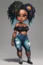 Placeholder: create a colorful abstract pop punk art image 8k of a chibi curvy black female wearing torn jeans pants and a black-tie dye off the shoulder blouse. Prominent make up with hazel eyes. Highly detailed long Senegalese twist in a hair wrap