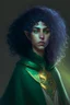 Placeholder: Female moon elf twilight cleric in a dark green robe with blueish curly hair and golden eyes