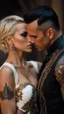 Placeholder: Jason david frank muscular male with short dark hair and tribal tattoos, wearing a designer suit, whispering in ear of young blonde woman, with short hair, wearing white wedding dress. fantasy, hyper realistic