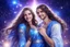 Placeholder: cosmic women couple of beautiful women with long hair, light eyes and blue brightness tunic, with a little sweety smile, with his boyfriend as a sweety strong cosmic warrior in peace. in a background of stars and bright beam in the sky