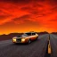 Placeholder: art deco, muscle car, desert road, sunset, full colour, hd,