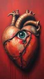 Placeholder: Bosch style painting , A 3D eye coming out of the middle of a rusty metallic open heart in details on red bloody background