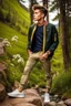 Placeholder: fullbody shot of young-beautiful-boy-with-a-perfect-face-with-make-up-wearing- sport pants and jacket standing ,geen hills ,nice nature environment ,wild flowers,clean water river with colorfull rocks in floor