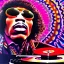 Placeholder: a realistic picture of Jimi Hendrix at a turntable with headphones on being a DJ, vivid color, with sunglasses, psychedelic trippy art