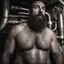 Placeholder: close up shot photography, ugly wet arab beefy plumber repairs boiler, burly, shirtless, hairy allover, manly chest, short beard, 42 years old, dressed in broken dirty boxer, big thighs, seen from below, frontal view, ambient occlusion, side light