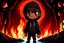 Placeholder: a brown skin coloured cartoon boy with big head with a evil smile with red eyes standing in a cave with black hoodie and black pants with white shoes with hes hands in hoodie pockets with a river in the cave and a waxing crescent moon with fire red burning around the cave with a black cat with red glowing eyes sitting on the ground