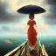 Placeholder: view from behind of japanese girl with bamboo umbrella looking up a break of white clouds and sunlight in the middle of a stormy sky, wooden walkway, ocean, 8k, high-quality, ultrafine-detail, intricate, digital painting, brian froud, howard lyon, selina french, anna dittmann, annie stokes, Greg Rutowski