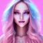 Placeholder: beautiful, soft, big smile face, whole head, long straight blonde hair blues eyes, crown on the head, clothing in transparent bluish and pink veil, background brillante bluish and pink, hight definition, 8K