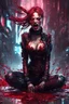 Placeholder: beautiful cyberpunk girl, face distorted with pain, screaming, tears streaming from eyes, siting pose, fullbody, splashes blood, behind guts rising from the ground, intricate, darkred tones,