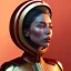 Placeholder: woman, rounded face, red, round helmet, decorative color feathers, retro futuristic, latex coat, soft color, highly detailed, art stations, concept art, smooth, unreal engine 5, god rays, ray tracing, RTX, lumen lighting, ultra detail, volumetric lighting, 3d, finely drawn, high definition, high resolution.