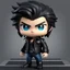 Placeholder: a chibi man with messy black hair, blue eyes, mafia capo, leather and denim outfit, intricately detailed, 3d doll