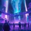 Placeholder: A group of people gather in a futuristic plaza, surrounded by towering skyscrapers and holographic advertisements. The plaza is filled with blue and purple light, and flying vehicles can be seen in the background. Digital art