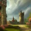 Placeholder: Epic Castle into sky, with flowers of fyre. Huge clouds and birds. Shy girl going out of the main gate. Detailed painting, sharp color, medieval, intricate detail, far sceen, realistic colors, medieval concept art. spring.