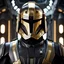 Placeholder: star wars bald male corellian pilot wearing pearlescent black and gunmetal grey First Order special forces armor and helmet with gold trim inside the jedi temple, centered head and shoulders portrait, hyperdetailed, dynamic lighting, hyperdetailed background, 8k resolution, volumetric lighting, light skin, fully symmetric details