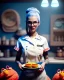 Placeholder: waitress woman with Sesame Street muppet big mask, concept art, retro style, smooth, unreal engine 5, god lights, ray tracing, RTX, lumen lighting, ultra detail, volumetric lighting, 3d.