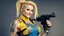 Placeholder: A happy modern Barbarella warrior with a machine gun covered by tattoos, 24-years-old her lean muscular frame wrapped in a yellow tactical bodysuit and a bullet proof vest over her bossom. Her blonde hair is pulled back in a tight ponytail, revealing blue eyes [vintage style noisy scratches glitches, Shot the texture and then rewound the film and double exposed from a 1970 B series movie] she stands on the balcony of the marble palace of a modern dictator, behind we see the beach and palm trees