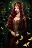 Placeholder: Burgundy hair, dark hair,dark red , rapunzel hair,very long hair,dark fairy princess,elven crown,night,dragonflies,beautiful,ong ashes,golden armor ,sparkle,night blooming,ivy,dark green,lilly of valley,golden elven crown,elven warrior,dark gold armor,extremely long hair