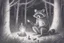 Placeholder: At dusk curious raccoons explores the forest. Tiptoeing into human campsites, intrigued by human artifacts they found.- Pencil drawing, realistic, graphite