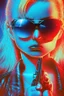 Placeholder: Photo of a beautiful blonde female Terminator, with dark sun glasses, bright red eye, holding a gun upwards, up close, Hollywood movie poster vibes, blue light night time, high contrast dark moody lighting.