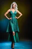 Placeholder: full body of very beautiful ukrain lady wearing green_blue pretty midi flared dress ,white gray hair ,standing idle pose in studio