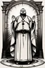 Placeholder: толстый священник с сложенными в молитве ладонями, стоит в полный рост в пол оборота, взгляд на верх, стиль стимпанк