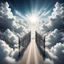 Placeholder: Hyper Realistic Aerial View Of Heaven's Road On Heaven's Sky & Heaven's Huge-Wide Fancy Full Open Gate With White Clouds At Cloudy-Day Environment Showing Dramatic & Cinematic Ambiance.