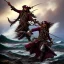 Placeholder: a pirate warrior in maroon and black full battle armor, a highly detailed illustration, background of giant crashing ocean waves, realistic render, 8 k, micro detail, intricate, elegant, centered, digital painting, Artstation, smooth, sharp focus, illustration, artgerm, tomasz alen kopera, peter mohrbacher, donato giancola, joseph christian leyendecker, wlop, boris vallejo