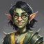 Placeholder: dnd, portrait of cute young orc-elf hybrid femboy, black hair, short hair, curled hair, hair covering one eye, emo hair, round glasses, tusks, sharp teeth, yellow eyes, flat chest, mage, magic, nose ring, pierced ears, twink, smile, sharp teeth, green skin, round face, small nose, shy