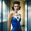 Placeholder: [bokeh color photo by Helmut Newton] 1950s photorealistic woman wearing a blue and white spandex superhero costume with a royal lily flower symbol on the chest, in a police station.