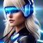 Placeholder: A beautiful portrait of a cute blond cyberpunk woman, high key lighting, volumetric light high details with white stripes and feathers and blue celtic paterns and helmet