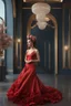 Placeholder: full body woman, from Russian Federation , elegant dress, elegant curled hair , 19 years old ,earring, no make up,8k, Candid avant garde portrait, charming woman, wearing Lovely Flower Diamond Pendant, octane render 3d, plastic material