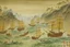 Placeholder: A yellowish white bay with pirate ships in a rainstorm painted by Qiu Ying