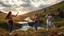 Placeholder: a group of young ladies in sports pants and blouse are dancing to camera in high grassy hills,a small fall and river and wild flowers at river sides, village houses,some trees ,cloudy sun set sky