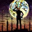 Placeholder: cyborg one man band, instruments, full moon background center large, steampunk style, 3d, hd