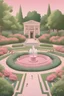 Placeholder: A garden in the school with various flower beds, colored pink, girls playing, and a fountain in the middle with a veil.
