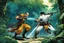 Placeholder: (in the style of Orion, by Masamune Shirow) a gangsta monk fight against a paladin knight in the jungle